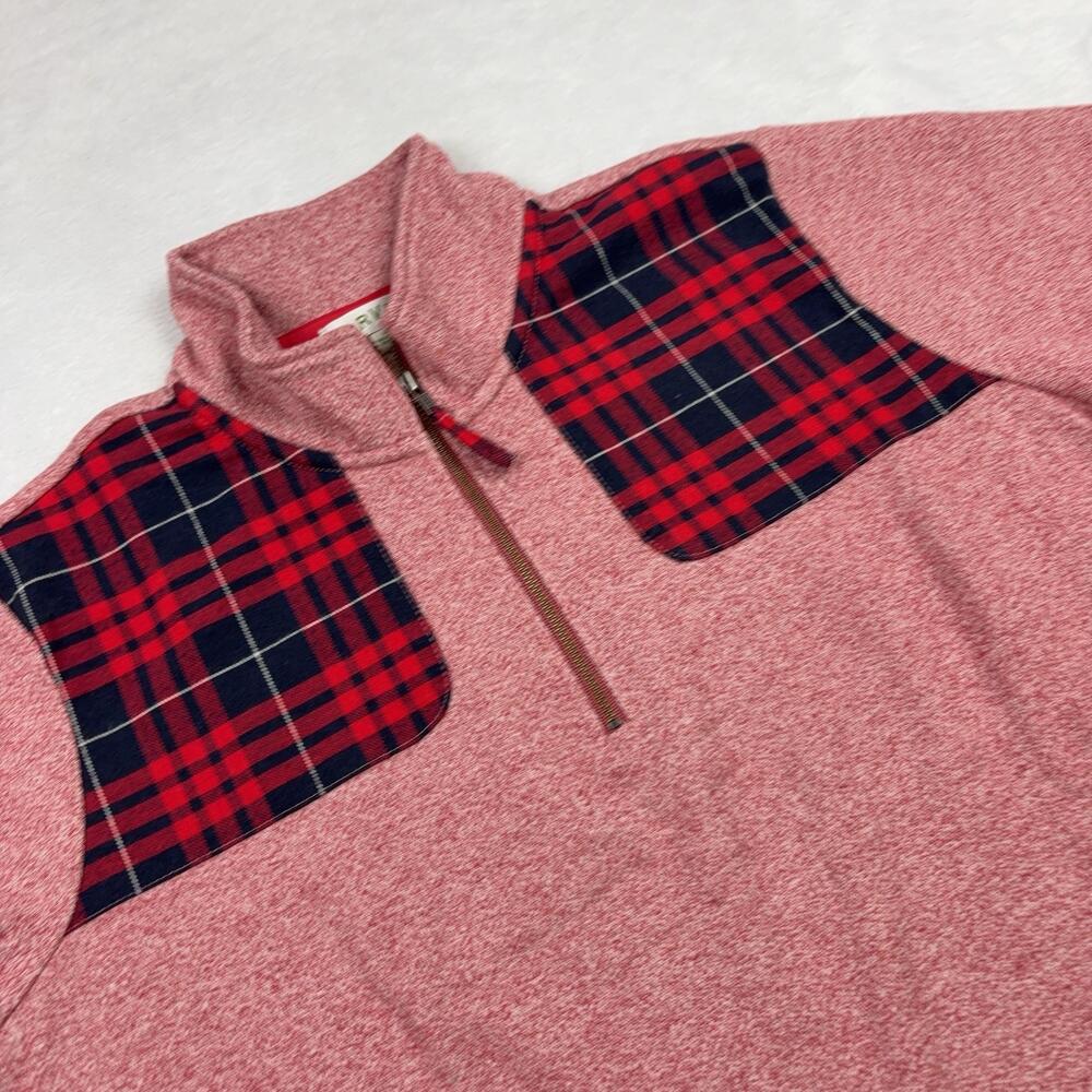 Orvis Pullover Womens M Red Plaid 1/4 Zip Mock Neck Pockets Relaxed Fit
